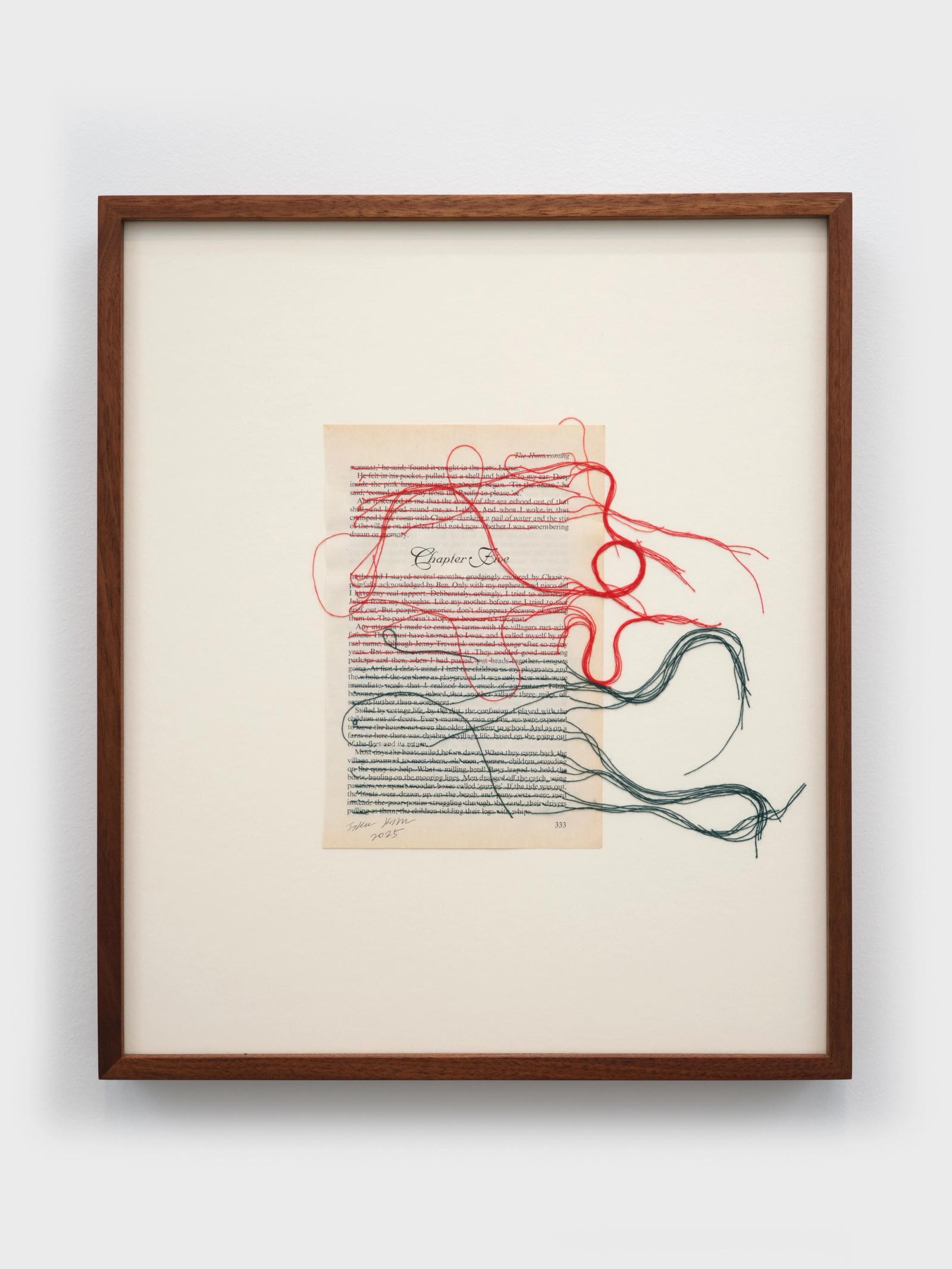 Jihee Kim, Chapter Five, 2025. Embroidery on page of a book donated in
London, 7.9 × 5.1 in (frame: 15.9 × 13.6 × 1.6 in). Private Collection. Photo: Charlie Rubin